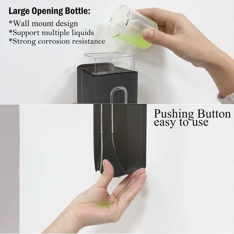 Distributeur de savon mural - 350 ml - Pour salle de bain - Gel douche et lessive - Bouteille en plastique - Pour cuisine, hôtel, maison, noir (1/4)