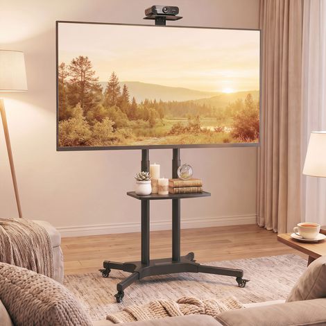 Support TV à roulettes pour téléviseurs de 32 à 75 pouces, réglable en hauteur, avec 2 étagères, en métal, compatible VESA 400 x 600 mm. (1/5)