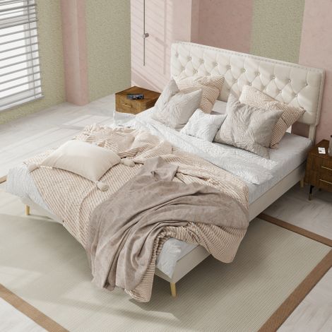 Cama adulto de 140x200 cm con cabecero cuadrado, base de láminas, de terciopelo, sin colchón, beige (1/5)
