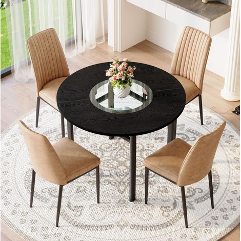 Ensemble de salle à manger rond MDF noir et verre avec 4 chaises en tissu brun et pieds métal noir, Ø100 cm (1/5)