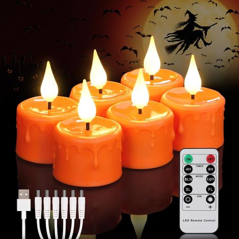 6 bougies chauffe-plat LED oranges rechargeables avec télécommande, Minuterie vacillante, Lumière blanche chaude, Bougies électriques avec câble USB, 4x5.5cm (1/5)