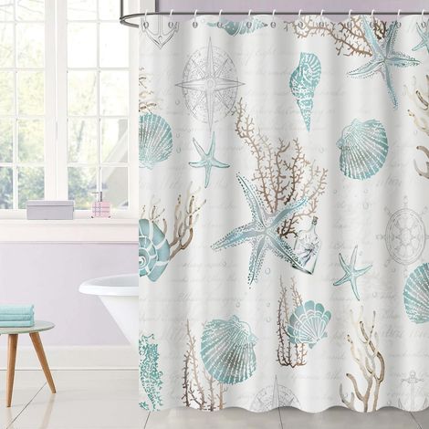 Rideau de Douche, 180x180cm, Nautique Littoral Plage Thème Beige étoile de mer Coquillage Conche Tissu Imperméable Rideau de Salle de Bain Lavable en Machine avec Crochets (1/5)