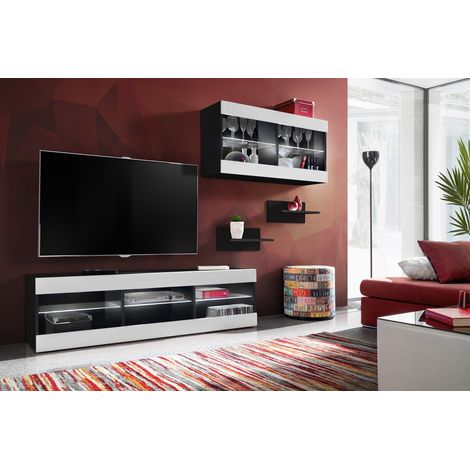 Komodee, Ensemble de Meubles Tivoli SET3,Noir/Blanc, Largeur 240cm x Hauteur 159 cm x Profondeur 35 cm, sans LED, pour Salon, Chambre à coucher (1/5)