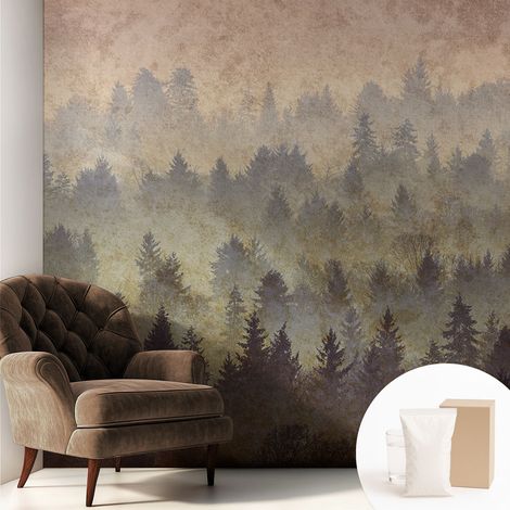 Papier peint intissé mural classique avec imprimé motifs décoratifs design élégant non‑tissé Brume forestière 250x250 cm (1/5)