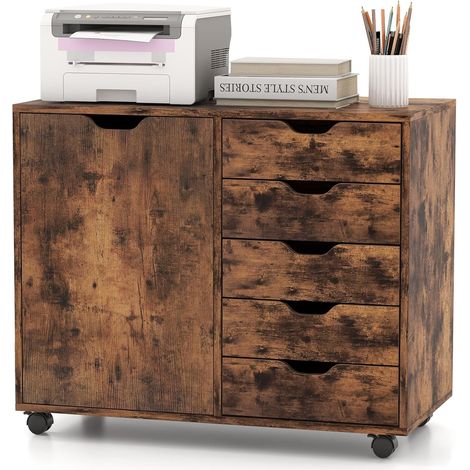 COSTWAY Caisson de Rangement à roulettes 5 Tiroirs, Placard avec Étagère Réglable, Caisson Bureau avec Poignée Incurvée, Support d'Imprimante 5 Roues avec 2 Frein (Marron rustique) (1/5)