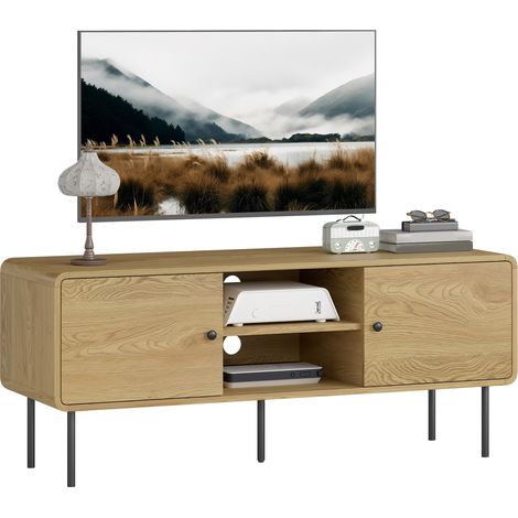 Meuble TV, meuble télé jusqu'à 55 pouces avec 2 portes, 2 compartiments ouverts, pieds en acier, 120x40x50cm, chêne