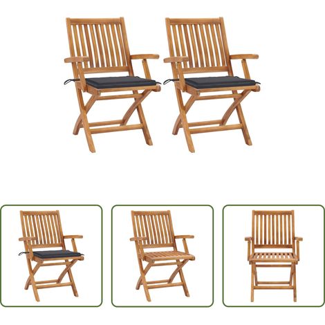 Teakholz - Gartenstühle 2 Stk. mit Anthrazit Kissen Massivholz Teak (1/5)