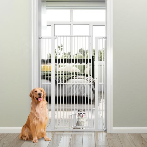 COSTWAY Extra Tall Pet Gate 150cm Metal Cat Gates with 2 Extension Kits-White