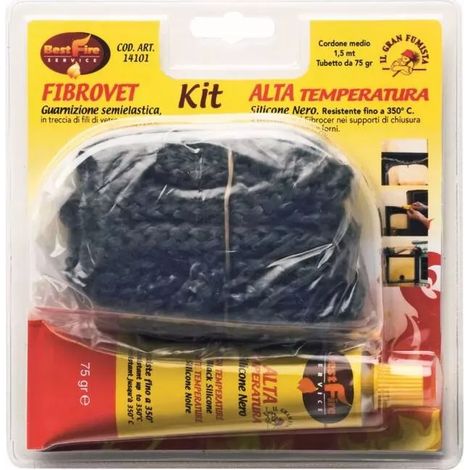 guarnizione in fibra di vetro best fire "kit fibrovet" con corda 1,5 mt, diametro 6 mm e tubetto silicone nero da 75 gr