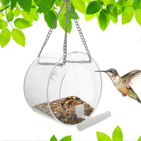Mangeoire à oiseaux en acrylique transparent avec ventouses, grande capacité pour oiseaux sauvages d'extérieur (mangeoire ronde) (1/5)