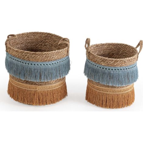 Set de 2 cestas Indie de fibra natural con asas, azul/naranja