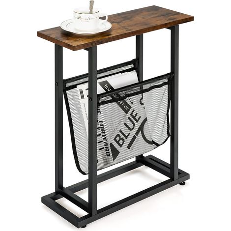 GOPLUS Tavolino Laterale, con Rete Porta Riviste in Nylon, Materiale in Legno e Ferro, Stile Industriale e Minimalista, Adatti per Ufficio e Casa, 48 x 18 x 54,5 cm