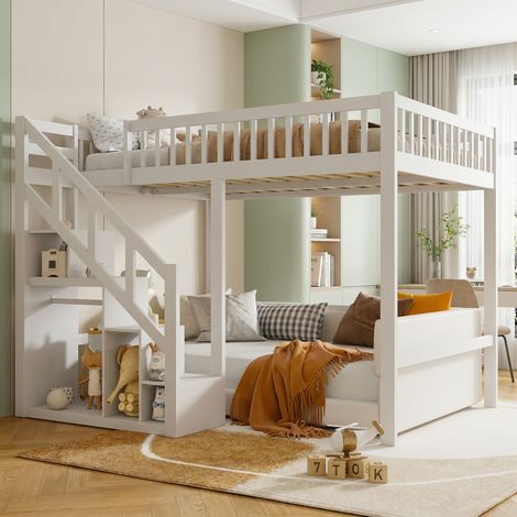 Lit mezzanine 140x200 avec échelle de rangement – Bois massif blanc– 2 places – Design moderne pour chambre enfant ou adolescent - Gain de Place Moderne (1/5)