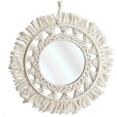 Miroir Mural Rond Boho Chic 55 cm Salon et Chambre Beige (1/5)