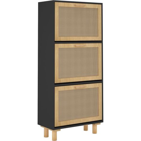 Armoire à chaussures range chaussures rangement meuble entrée couloir salon 52 x 25 x 115 cm bois d'ingénierie/rotin noir (1/5)