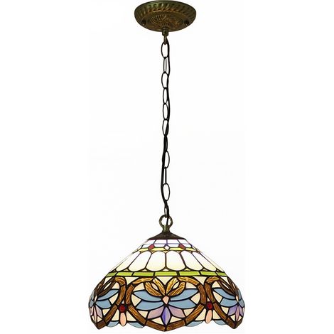 AUTRUCKER Lampe à suspension avec chaîne et abat-jour Tiffany diamètre 30 cm Série New York (1/3)