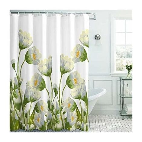 Rideau de Douche en Tissu Imperméable à Fleurs Blanches, Marguerite Bohème avec 12 Crochets, 48 x 72 Pouces (1/4)