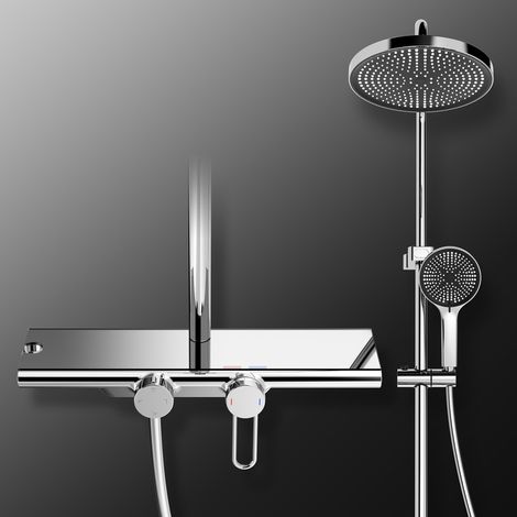 Warm- und Kaltwasser-Duschsäulenset Duschsäule mit Ablage 40 cm Duschstange 5-stufige Handbrause Regenduschkopf Grau (1/5)