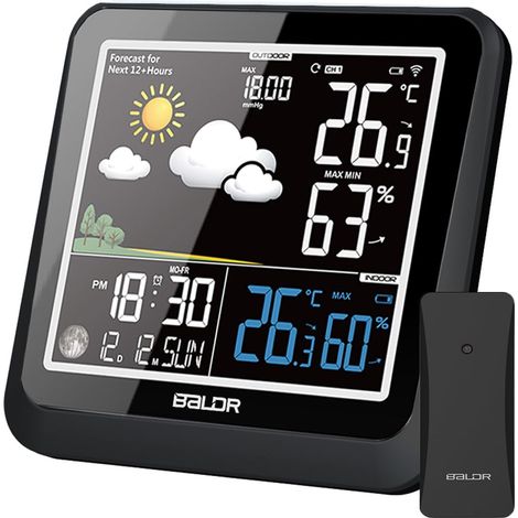 Wireless Weather Station with Sensor, Indoor Thermometer Digital VA Screen, Home Weather Station with Weather Forecast, Temperature, Humidity, Atomic Clock, Moon Phase (1/5)