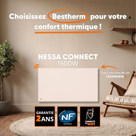 Radiateur électrique fixe connecté WIFI à inertie sèche céramique 1500W Bestherm NESSA CONNECT horizontal blanc — vue 3