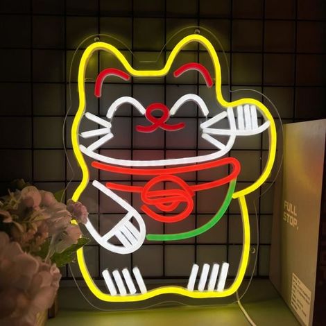 A (40x32cm) - Signe De Chat Porte-bonheur Au Néon, Design Personnalisé, Lumière Led, Pour Chambre À Coucher, (1/4)