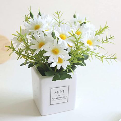 Fleurs artificielles, marguerite avec vase - Bouquet de marguerites artificielles soyeuses - Pour la maison, le bureau, un mariage