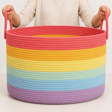 Panier de rangement en corde de coton arc-en-ciel avec poignées - 50 x 33 cm - Décoration pour ranger les jouets - Panier à linge sale - Panier de rangement (1/5)