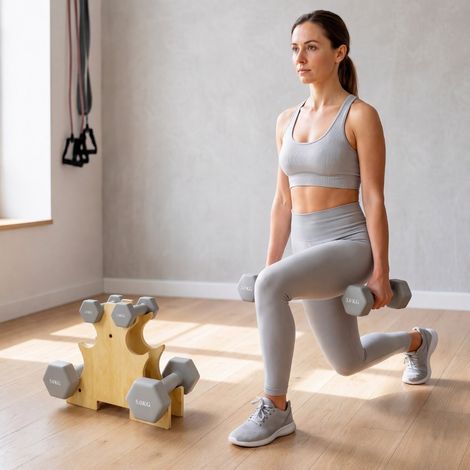 Ensemble de 3 paires d'haltères (1 kg, 3 kg et 5 kg) avec support en bois, poignées antidérapantes, forme hexagonale en fonte gris clair (1/5)