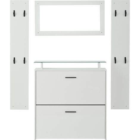 Set d'entrée 4 pièces avec meuble à chaussures haut brillant, 2 porte-manteaux et miroir blanc (1/5)