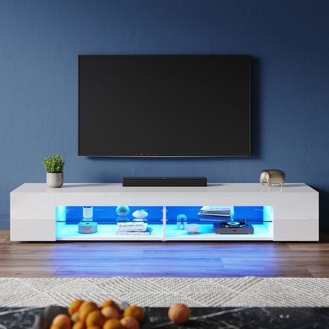 ELEGANT Modern TV Stands with LED Lights, Open Glass Shelves, Suitable for Living Room and Bedroom, White High Gloss, 1800x390x300mm (1/5)