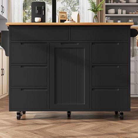 Îlot de cuisine 122x74.5x91.5 cm noir en MDF avec plateau rabattable, 8 tiroirs et roulettes (1/5)