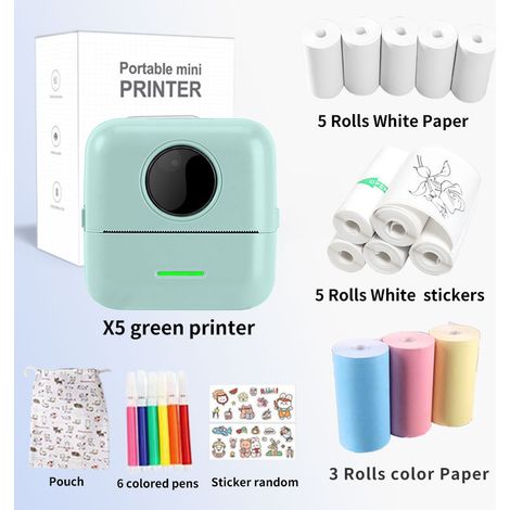 Mini Printer - Portable Mini Pocket Label, Picture, Error Correction Thermal Bluetooth Printer - X5 Green + 5 Thermal Papers + 5 Self-adhesive Papers + 3 Color Papers + 6 Color Pen Sticker Bags (1/4)