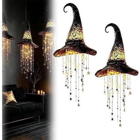 Lot de 1/2/3 décorations d'Halloween avec chapeau de sorcière lumineux et lumière LED, à suspendre pour porche, entrée, fenêtre, terrasse et jardin (2 pièces). (1/5)