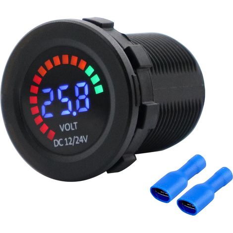 Voltímetro digital de 12/24 V CC con pantalla LED a color, alarma sonora de baja presión, resistente al agua, para uso en automóviles, motocicletas, camiones, barcos o aplicaciones marinas. (1/5)