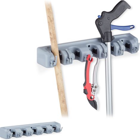 Relaxdays Set of 2 Tool Holder Wall Mount, 10 Clamp Brackets, 12 Folding Hooks, Universal, HWD: 6 x 40 x 11 cm, PP, Grey