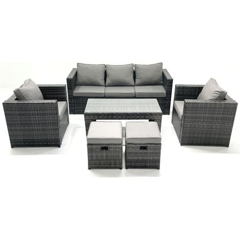 Fimous Rattan Garden Furniture Set Outdoor Lounger Sofa with Coffee Table 2 Armchair 2 Small Footstools Dark Grey Mixed (1/5)