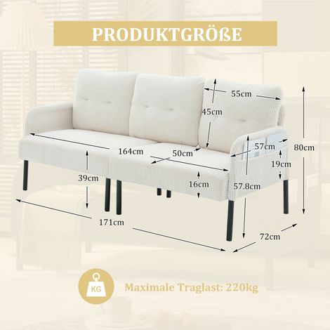 Canapé triplaces en velours côtelé rembourré, dossier haut et poches latérales, pieds métalliques salon et bureau (1/5)