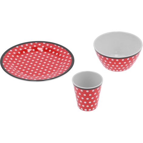 Ensemble de vaisselle à pois rouges : assiette à fruits, bol et tasse, accessoires de cuisine. (1/5)