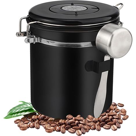Bocal hermétique (1,5L), boîte à café hermétique, matériau en acier inoxydable, avec cuillère en acier inoxydable,adapté pour conserver des grains de café,du thé et des noix (Noir) (1/5)