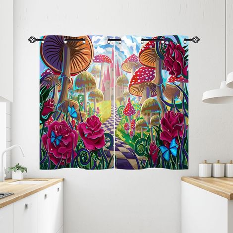 Rideau Occultant Champignon Château Papillon Rose Rideau Thermique Isolant Tenture Opaque à Oeillets Draperies Intérieurs pour Maison Chambre Salon 2 Panneaux L 60 x H 90 cm - 60L X 90H cm (2 Panneaux (1/5)