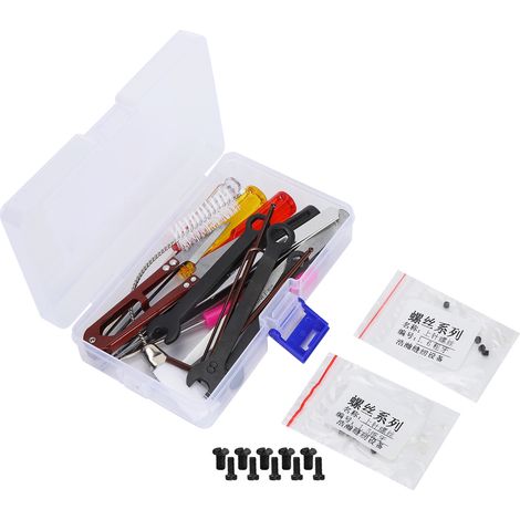 Kit pour surjeteuse comprenant : pinces droites/courbes, clés, tournevis cruciforme/plat, vis, brosse et ciseaux, avec boîte de rangement. (1/5)