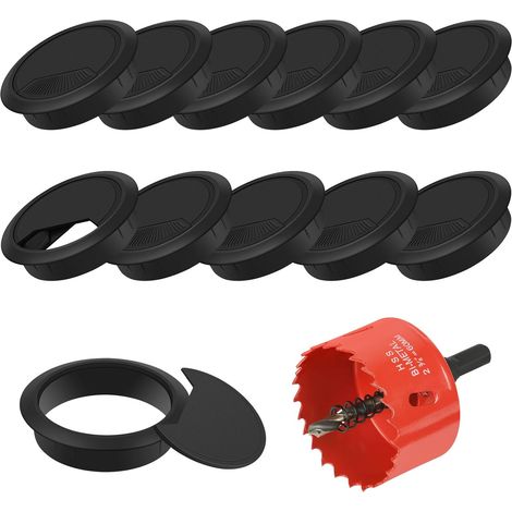 Lot de 12 œillets de Bureau, Passe Cable Bureau, 60mm Couverture de Trou de Câble de Bureau d'ordinateur, avec Scie Cloche 60 mm, Organiseur de Fil pour la Maison et Le Bureau(Noir) (1/5)