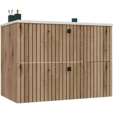 TIGO - Meuble sous lavabo 2 tiroirs chêne façade rainurée + lavabo