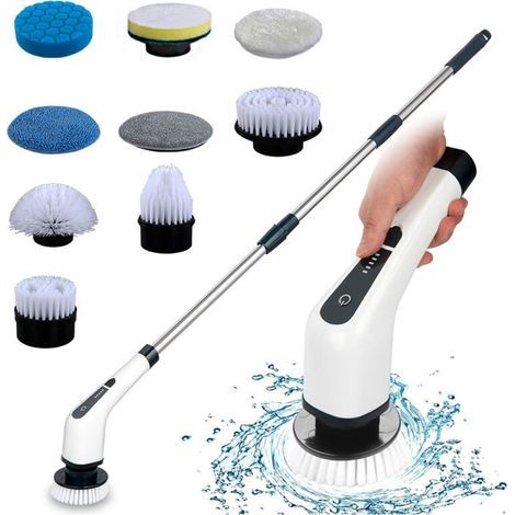 Brosse de Nettoyage électrique sans Fil, Brosse de Nettoyage sans Fil avec 7 ttes de Brosse remplaables, vadrouille lectrique avec poigne rglable pour Salle de Bain, Cuisine, Voiture (Blanc) (1/5)