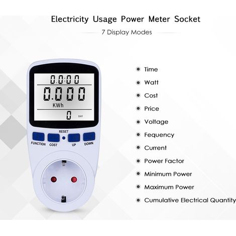 Compteur de Consommation Electrique LCD avec Fonction Analyser Sortie EU - AC230V250V, PC, 6.8x4x14cm, Backlight, 7 Modes de Mesure (Watt, Volt, Amps, KWH, Facteur de Pouissance) (1/4)