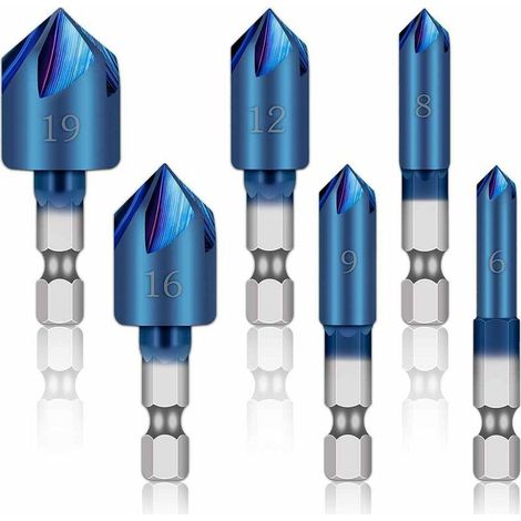 ,Set de foret de fraisage à fraise en bleu recouvert de 90 degrés 6-19mm Hex Hex Shank éburvable Ramer 6pcs, ébavurage Cutters (1/5)