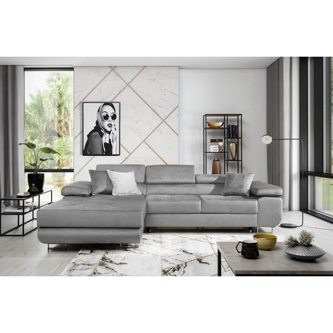 Canapé d'angle convertible ARMEL en tissu luxe 5 places, couleur gris, avec coffre, angle gauche (vu de face) (1/5)