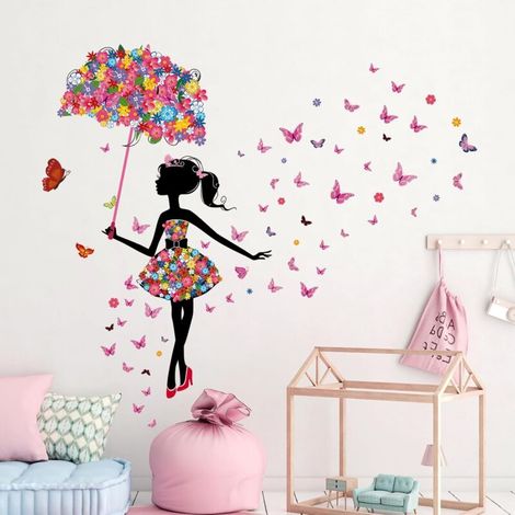 Stickers Muraux Fée Fleur Autocollants Mural Fille Papillon Stickers Muraux Fille Avec Parapluie pour Chambre de Bébé Pépinière D'enfant Décoration Murale De La Maison