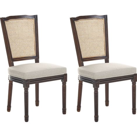 Set of 2 Dining Chairs Dark Brown and Beige Fabric Upholstered Wooden Frame French Country Vintage Style with Viennesse Weave BONANZA (1/5)