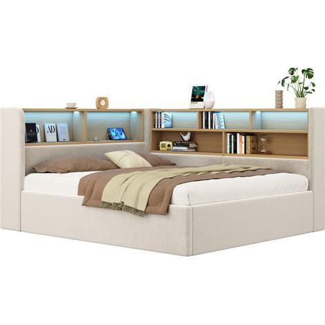 Letto contenitore 140x200 cm in velluto beige salvaspazio, senza materasso (1/5)